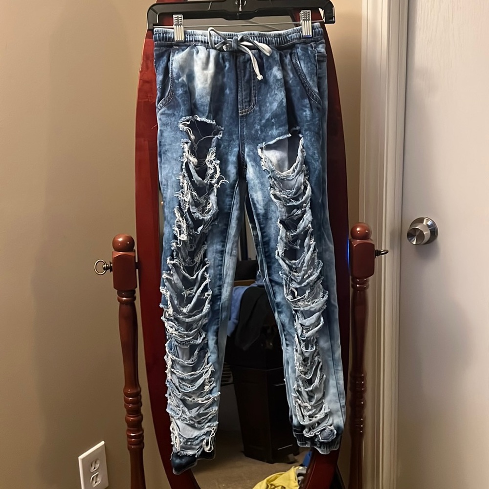 Denim Distressed Joggers. Size Medium. Blue Jeans.